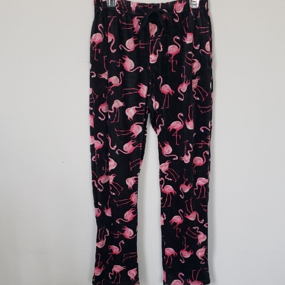 Crazy Lounge Pants Womens L Plush Pink Flamingo Print On Black Cozy Warm Relaxed